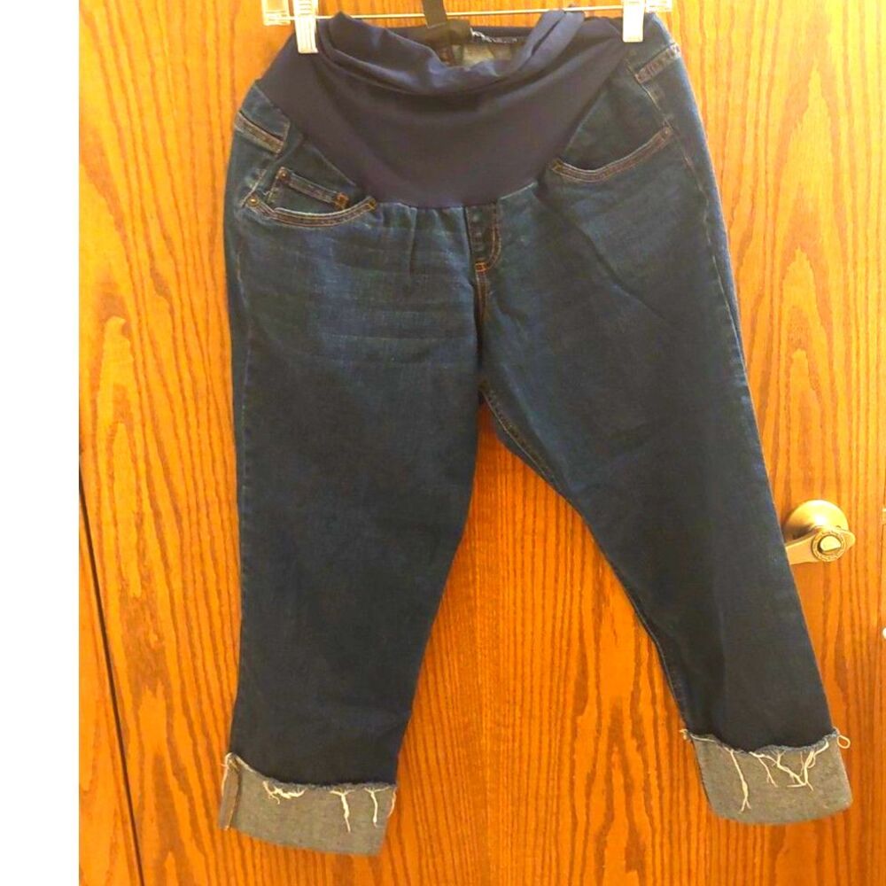 Indigo Blue Maternity Jeans Large Dark Wash Full Panel Distressed Cuffed Hem